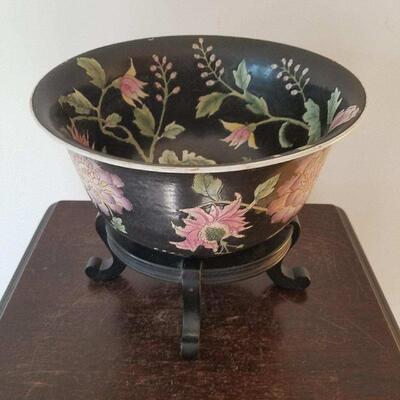 Asian Black/Floral Planter with Stand
