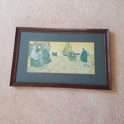 Vintage Asian Waterfront Print Matted and Framed