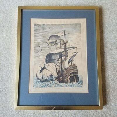 Ship Etching Excellent Consition Matted with Gold Frame