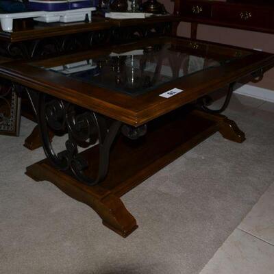LOT 61 GLASS, WOOD AND METAL COFFEE TABLE