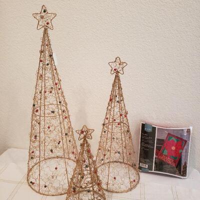Lot 352: (3) Gold Metal Trees & Outdoor Poinsettia Flag