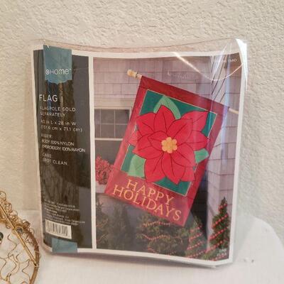 Lot 352: (3) Gold Metal Trees & Outdoor Poinsettia Flag