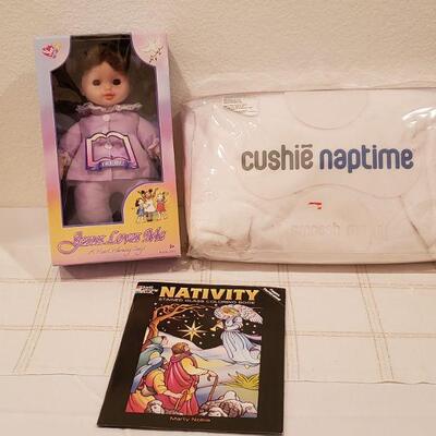 Lot 373: NEW Jesus Loves Me Doll, Nativity Coloring Book & a Cushie Naptime Pillow