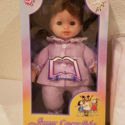 Lot 373: NEW Jesus Loves Me Doll, Nativity Coloring Book & a Cushie Naptime Pillow