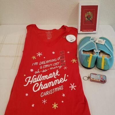 Lot 403: New Hallmark PJ Shirt, Slippers, Lip Balm & Holiday Cards
