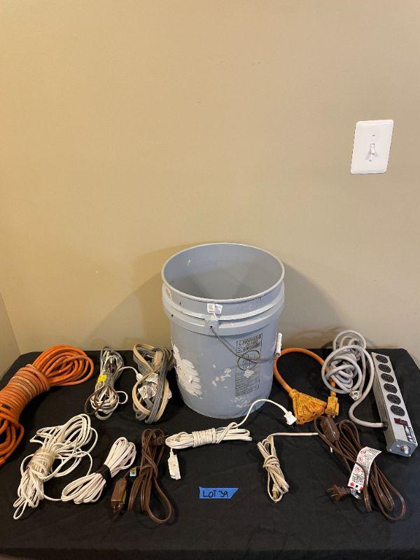Lot 39 Bucket Filled With Extension Cords