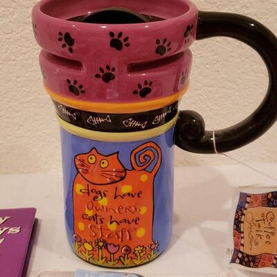 Lot 426: NEW Cat PJs (Ladies XL), Cat Zipper Pouch, Travel Ceramic Coffee Cup & 2 Mini Cat Books