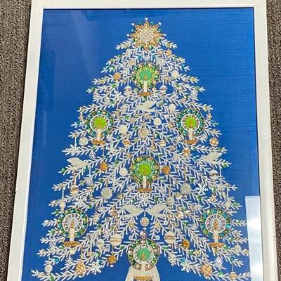 Vintage Needlepoint Hand Stitch Christmas Tree Framed Art YD#013-1120-00037
