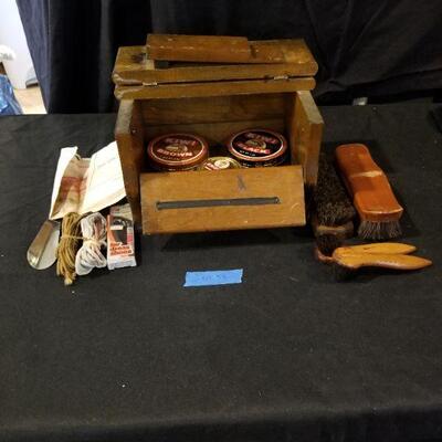 Lot 58 - Vintage Handmade Wooden Shoe Shine Box and Contents