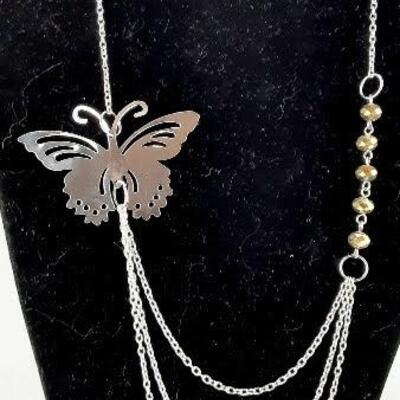 Silvertone Butterfly with Amber Beads