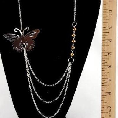 Silvertone Butterfly with Amber Beads