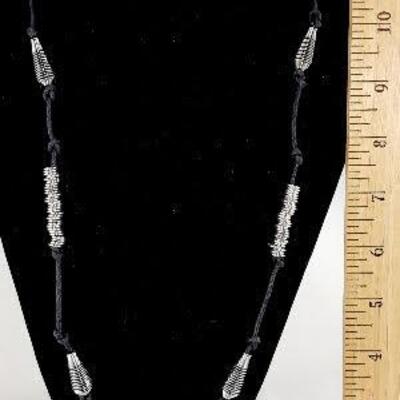 Silvertone Spring Beads on Black Cord Necklace
