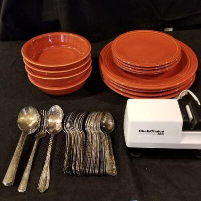 Lot 80 - Fiesta Ware Dishes, Knife Sharpener and Silverware