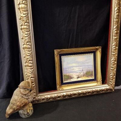 Lot 84 - Large Gold Frame, Oil Painting and Owl Statue