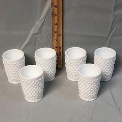 Lot 18 - 6 Milk Glass Hobnail Juice Glasses