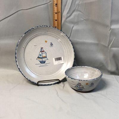 Lot 34 - Owens Pottery Sailboat Bowl & Plate