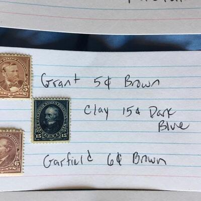 Grant 5c Brown, Clay 15c Dark Blue and Garfield 6c Brown Stamp Lot