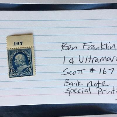 Ben Franklin 1c Ultramarine Scott #167 Bank Note Special Print Stamp