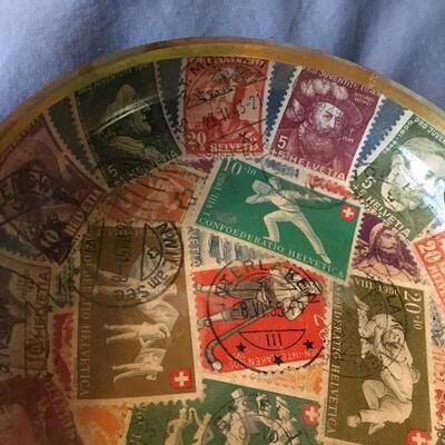 Vintage Stamps Behind Glass and Leather Bowls 