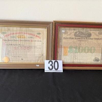 LOT#30LR: Framed Old Railway Bonds