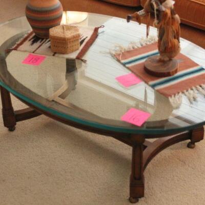 Lot 16 Oval Glass Top Vintage Wood Base Coffee Table