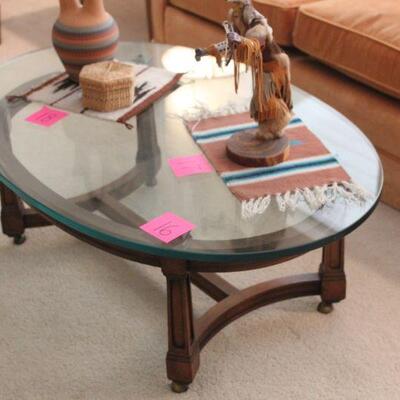 Lot 16 Oval Glass Top Vintage Wood Base Coffee Table