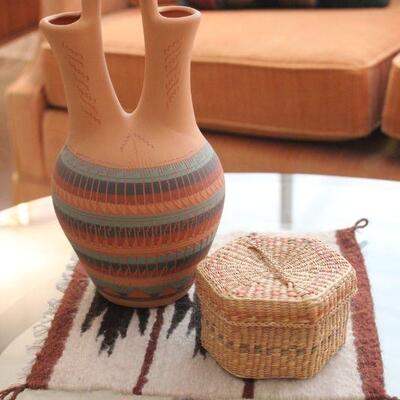 Lot 18 Signed Navajo Wedding Vase, Woven Basket & Mini Rug
