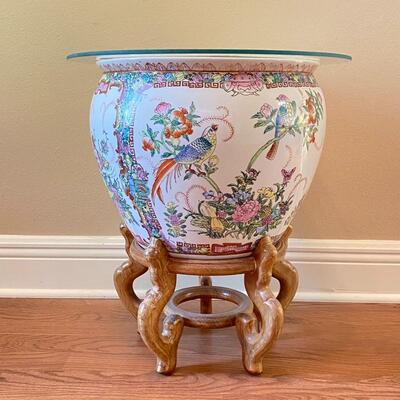 Oriental Vase / Planter with Stand & Glass Top