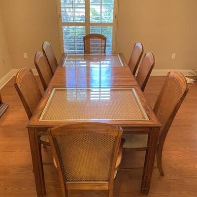 Wood, Cane and Glass Top Dining Table & 8 Chairs