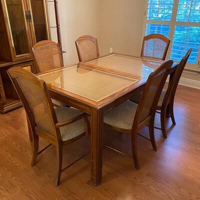 Wood, Cane and Glass Top Dining Table & 8 Chairs