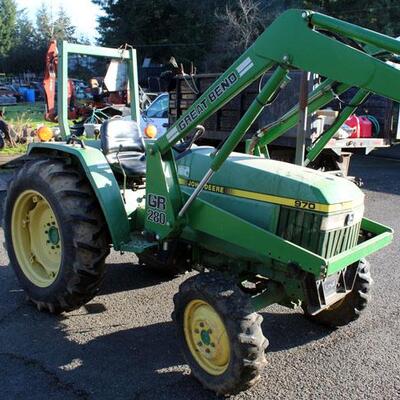 1996 John Deere 970 tractor with 280 loader, VIN M00970B150072, 1520 hours, with bucket and pallet forks