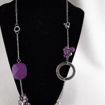 Purple Beads Silvertone Necklace
