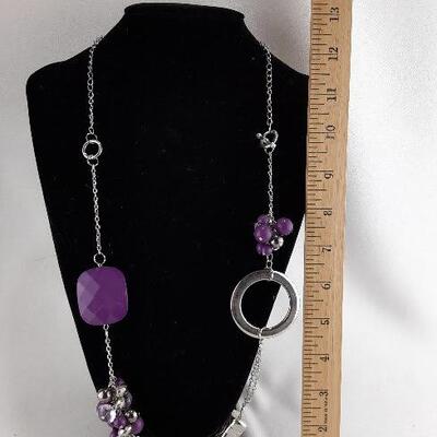 Purple Beads Silvertone Necklace