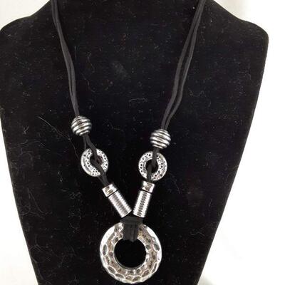 Silvertone and Black Cord Necklace