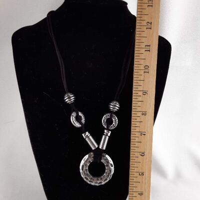 Silvertone and Black Cord Necklace