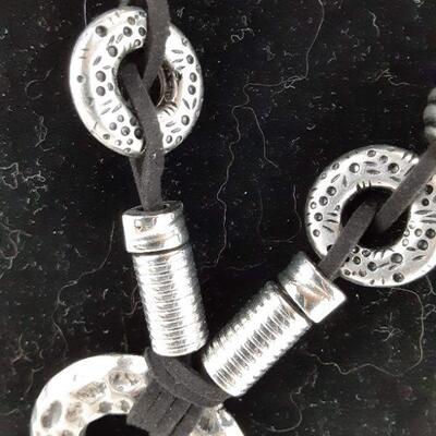 Silvertone and Black Cord Necklace