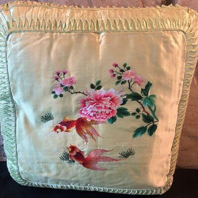 #608 Vintage Hand Embroidered Silk KOI Pillow
