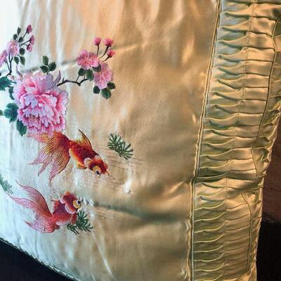 #608 Vintage Hand Embroidered Silk KOI Pillow