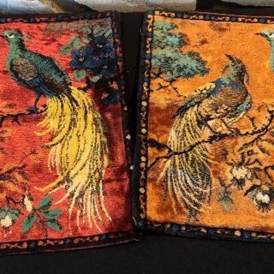 #609 Pair of Peacock Pillow Cases Tapestry Circa 1960's 