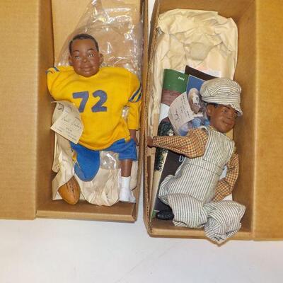 2- Black Art " Long Legs Doll Figurines. Football and Train Engineer.
