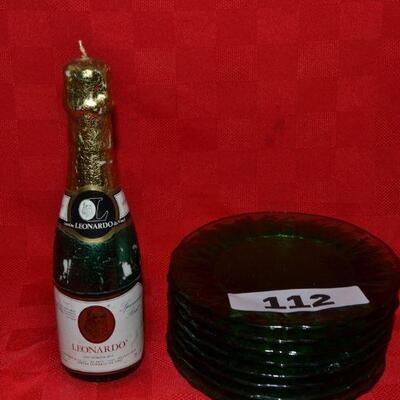 LOT 112 GREEN GLASS PLATES AND CANDLE
