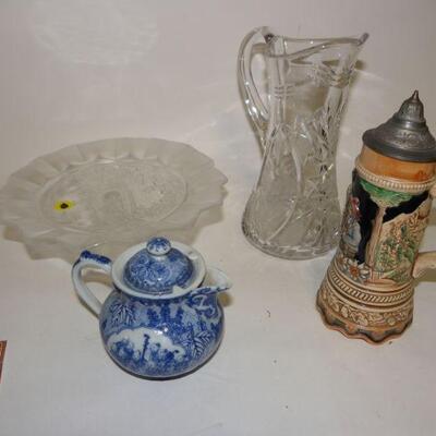 German Stein., Cut Glass Pitcher, Cut glass server, English sugar bowl.