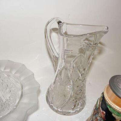 German Stein., Cut Glass Pitcher, Cut glass server, English sugar bowl.
