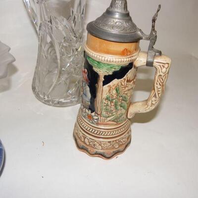 German Stein., Cut Glass Pitcher, Cut glass server, English sugar bowl.