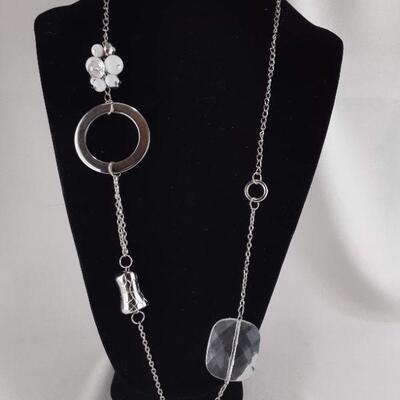 Silvertone and White Beads Necklace