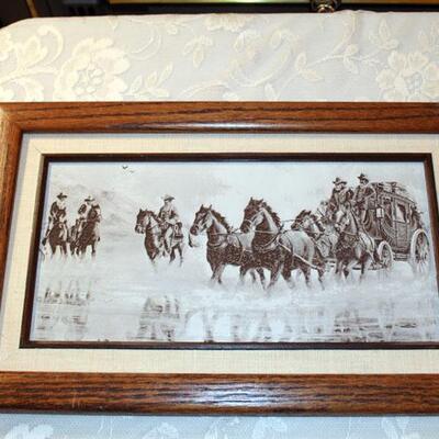 Etched Stagecoach scene, framed (#40)