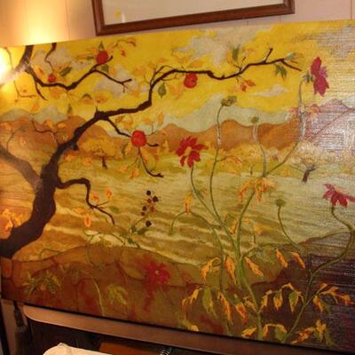 Large wrapped canvas painting, flowering tree, unsigned (#42)