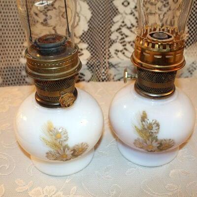 Pair Aladdin oil lamps, painted milk glass bases, 9