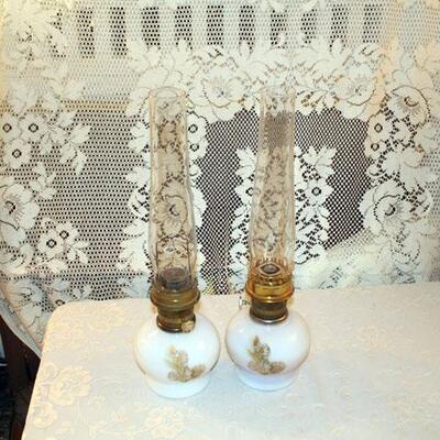 Pair Aladdin oil lamps, painted milk glass bases, 9