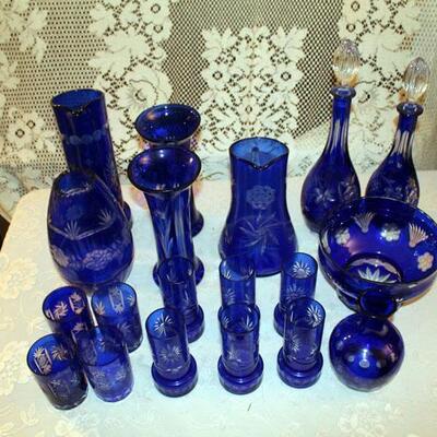 19 Russian Crystal blue cut to clear glass items (#48)
